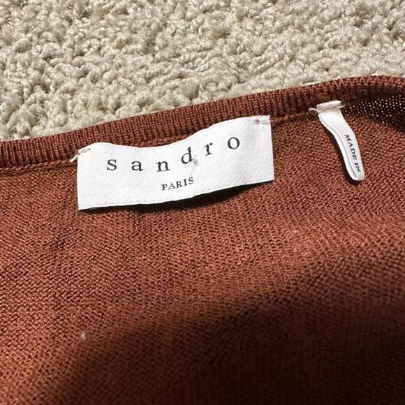 Sandro Paris Brown Open Knit V-Neck Sweater, Size FR 1 (US 4) - Picture 6 of 10